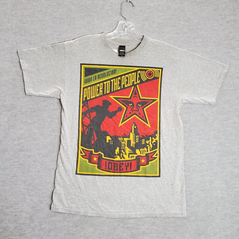VINTAGE Obey Women Top M Gray Shirt Logo Power To The People Graphic Y2K READ
